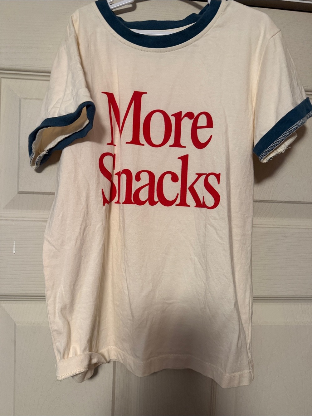 Polished prints "More Snacks" Graphic Tee - Cream with Red Print and Blue Trim